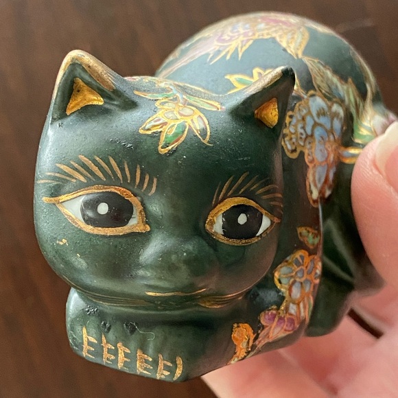 Fitz And Floyd Takahashi Style Cat Figurine Cloisonne Painted Green Flowers 4” - Picture 5 of 8